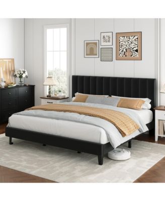 Upholstered Platform Bed Frame with Adjustable Height Vertical Channel Tufted Headboard, Sturdy Wooden Slats, Noise-Free