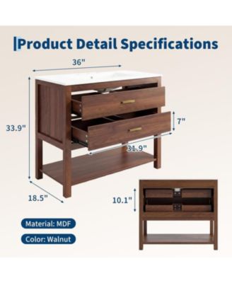 36" Modern Bathroom Vanity with Sink, Ceramic Integral Basin, 2 Soft-Close Drawers and Open Shelf, Space-Saving Bathroom Cabinet Solution