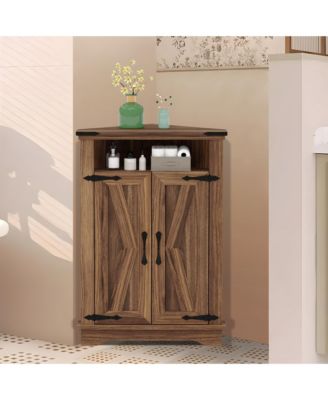 Farmhouse Corner Bathroom Cabinet with Sliding Barn Door - Adjustable Shelf and Compact Organizer - Space-Saving Floor Standing Cabinet