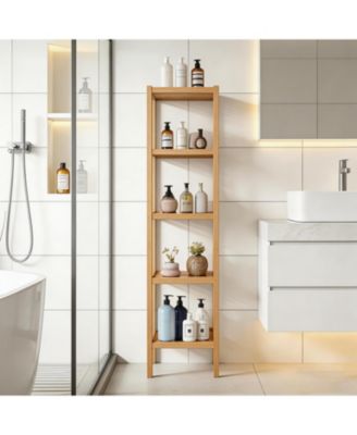 5-Tier Bamboo Shelf Narrow Bathroom Shelf with Slatted Shelves Wood Plant Stand Standing Towel Rack Corner Rack