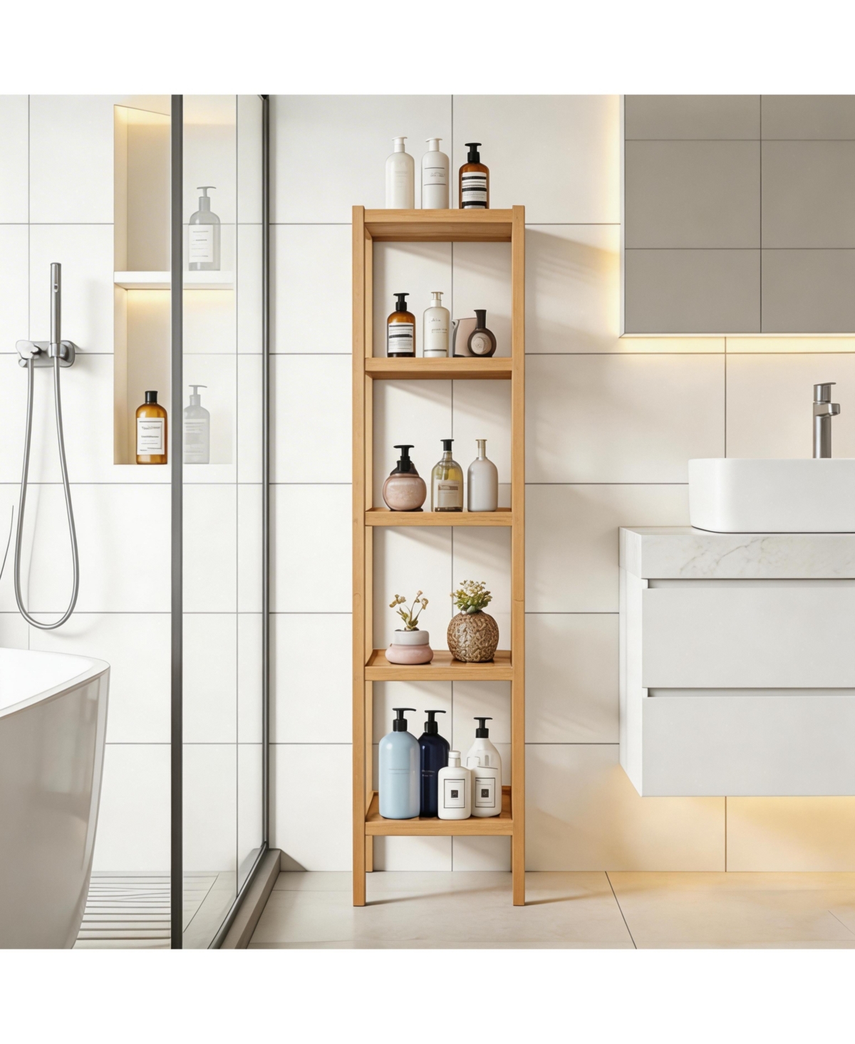 Homfan 5-Tier Bamboo Shelf Narrow Bathroom Shelf with Slatted Shelves Wood Plant Stand Standing Towel Rack Corner Rack - Yellow