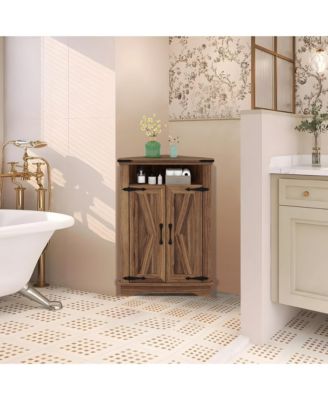 Farmhouse Corner Storage Cabinet with Barn Doors and Adjustable Shelves, Space Saving Organizer for Bathroom, Kitchen and Living Room