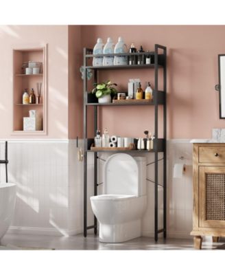 3 Tier Over Toilet Storage Rack with Shelf and Basket, Bathroom Space Saver Organizer with Wood Shelves and Metal Frame for Bath