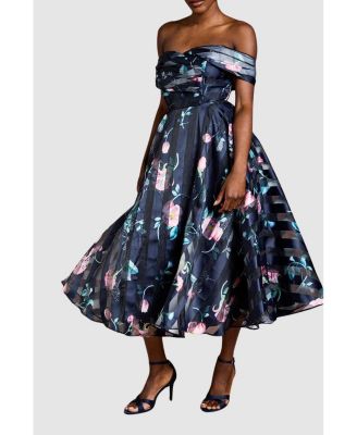 Women's Stripe Organza Pleat Top Midi Dress