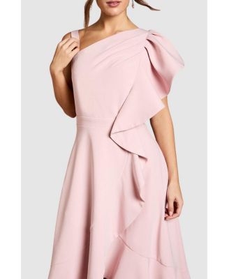 Women's One Shoulder Crepe Ruffle Midi Dress