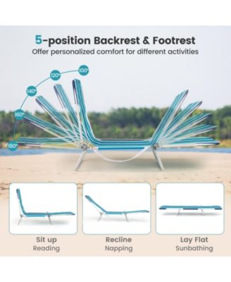 2 Pieces 5-position Lay Flat Beach Recliner with Carry Strap and Metal