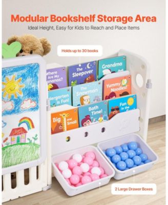 4-Tier Kids Toy Storage with Bookshelf, Drawing Board and 10 Bins, 88.6 x 36 in