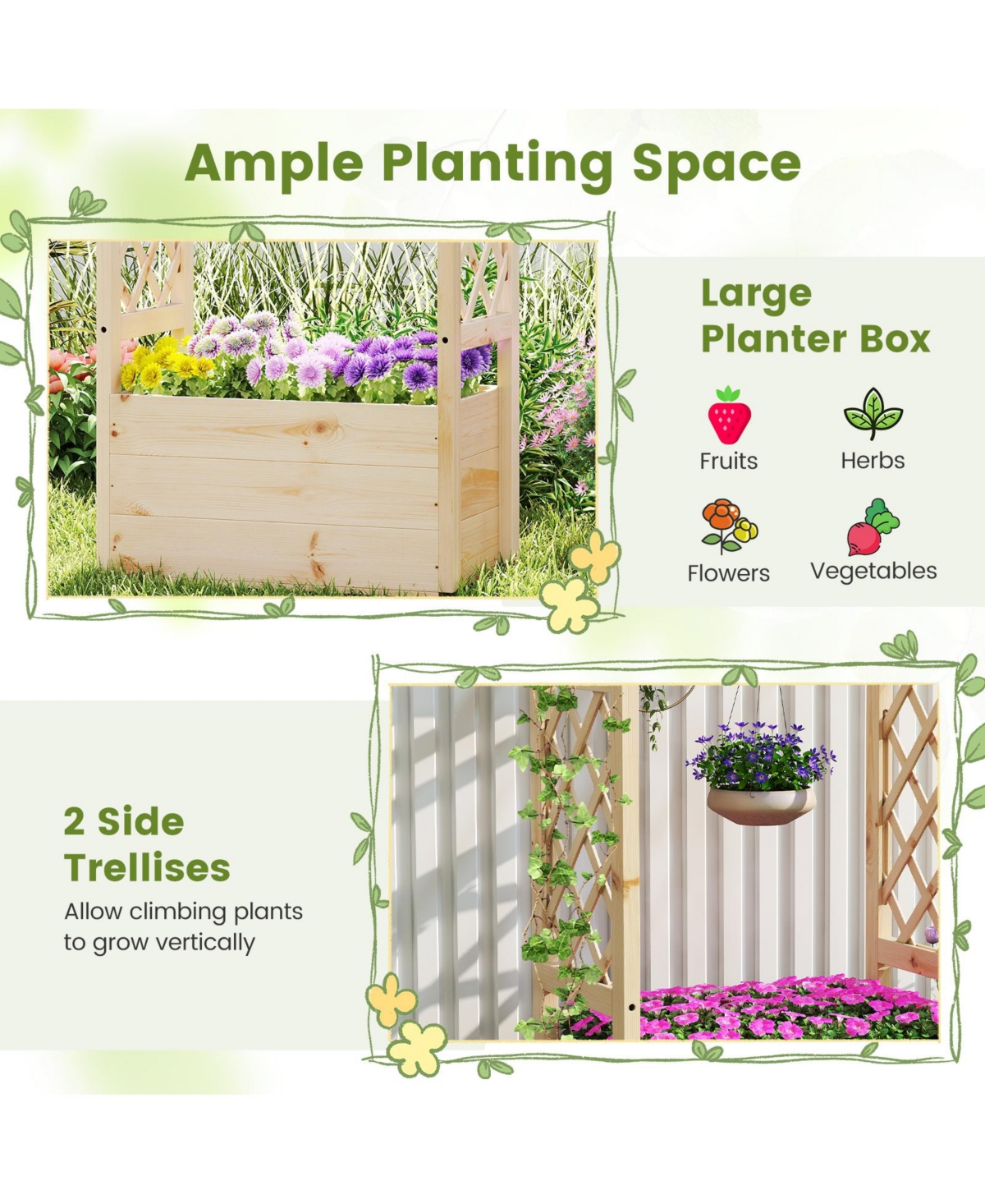 Gouun Pine Wood Elevated Planter Box with Trellis and Hanging Roof, Garden Bed