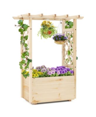 Pine Wood Elevated Planter Box with Trellis and Hanging Roof, Garden Bed