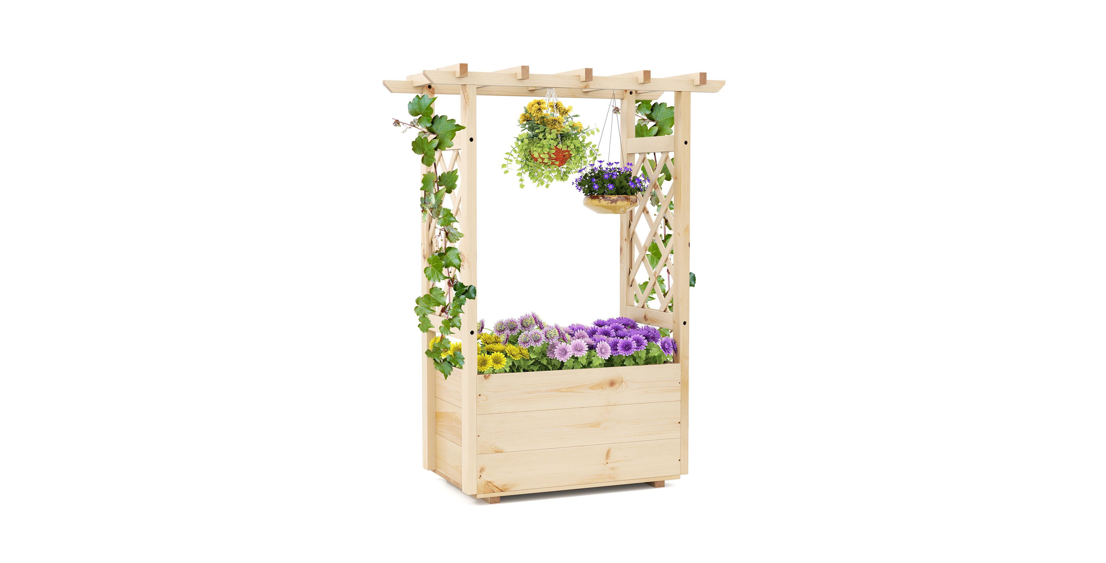 Gouun Pine Wood Elevated Planter Box with Trellis and Hanging Roof, Garden Bed