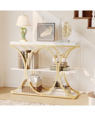 39" Industrial 3-Tier Sofa Console Table with Oval-Shaped Metal Frame and Adjustable Feet, Entryway Table