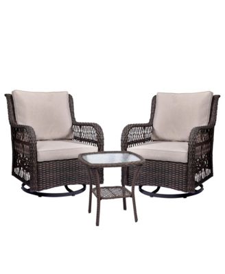 3-Piece Wicker Bistro Set- Rocking Swivel Chairs Glass Side Table for Backyard Porch