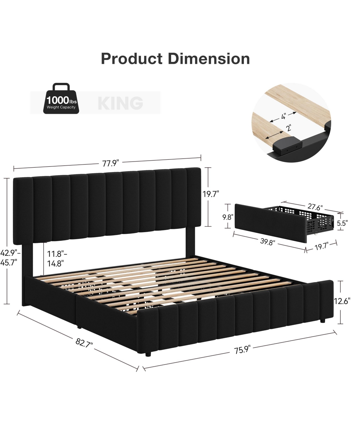 Homfan Bed Frame with 4 Storage Drawers, Adjustable Height Headboard