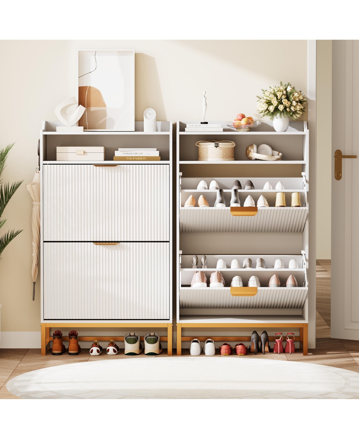 Homfan Fluted Shoe Cabinet with 2 Flip Drawers, Open Shelf and Metal Legs, Slim Entryway Storage for Hallway and Foyer