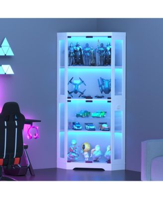 Modern Glass Corner Display Cabinet – 4 Tiers, Glass Doors, 3-Color LED Lighting, Motion Detector, Charging Ports