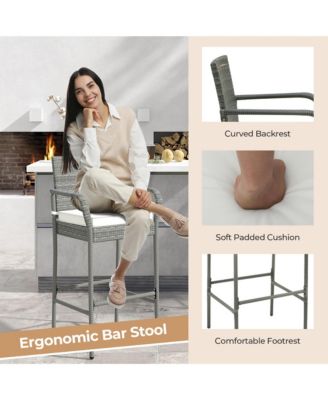 Set of 2 Rattan Patio Bar Stools Outdoor Bar Height Chairs w/ Cushions