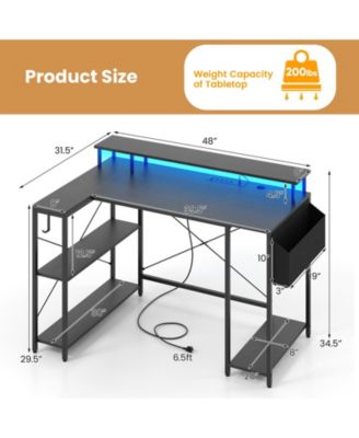 L-Shaped Gaming Desk with LED Lights and Power Outlets