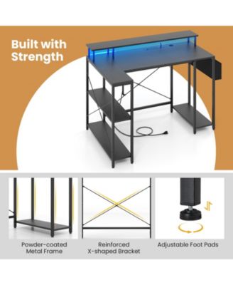 L-Shaped Gaming Desk with LED Lights and Power Outlets
