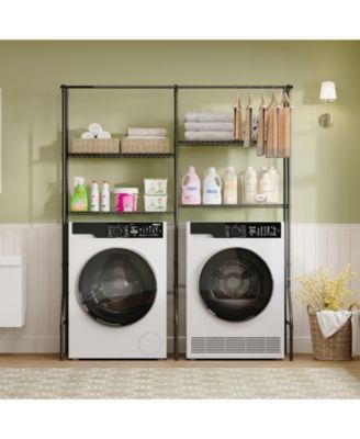 4-Tier Over Washer and Dryer Storage Rack - Adjustable Metal Shelves with Clothes Drying Rods and Hooks