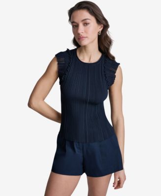 Women's Ribbed Ruffle Cap-Sleeve Crewneck Top