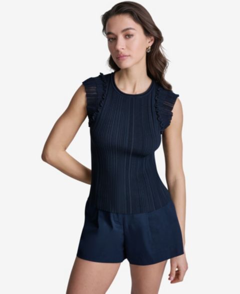 Женский топ BCBG Ribbed Ruffle Cap-Sleeve Crewneck, цвет: Синий
