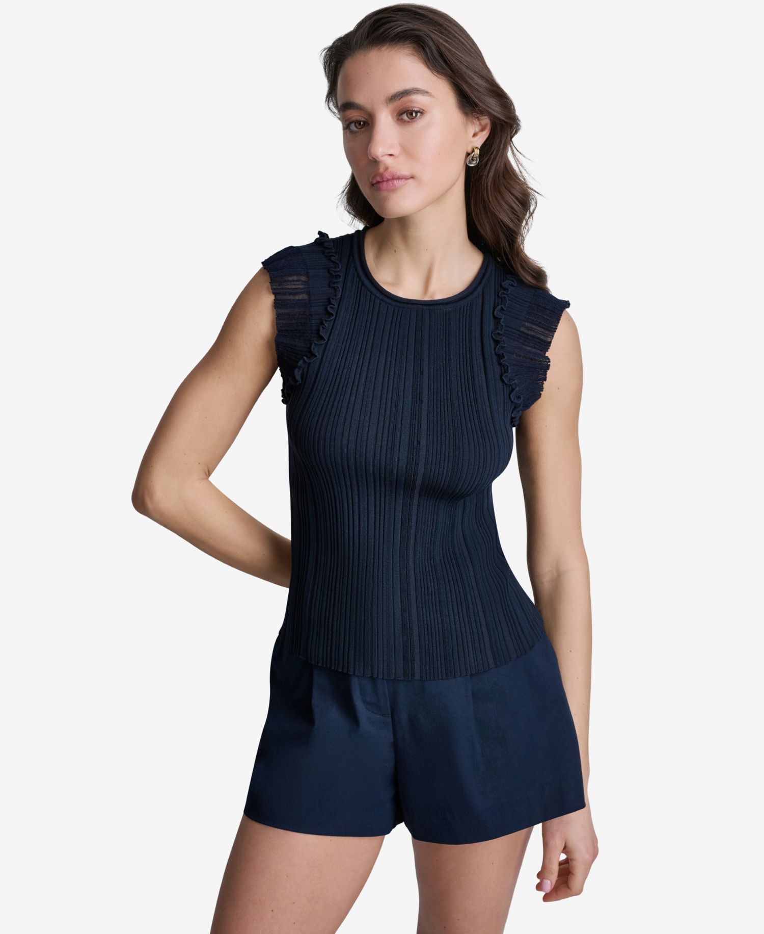 Women's Ribbed Ruffle Cap-Sleeve Crewneck Top