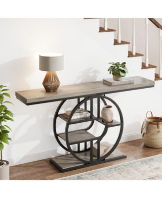  Industrial Narrow Console Sofa Table with O-Shaped Metal Frame and 5-Tier Storage, Entryway Table
