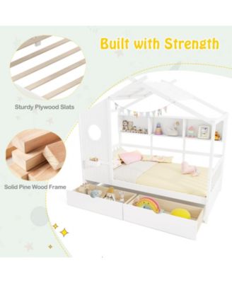 House Bed Kids Bed Frame w/ 2 Storage Drawers & Fence Guardrails