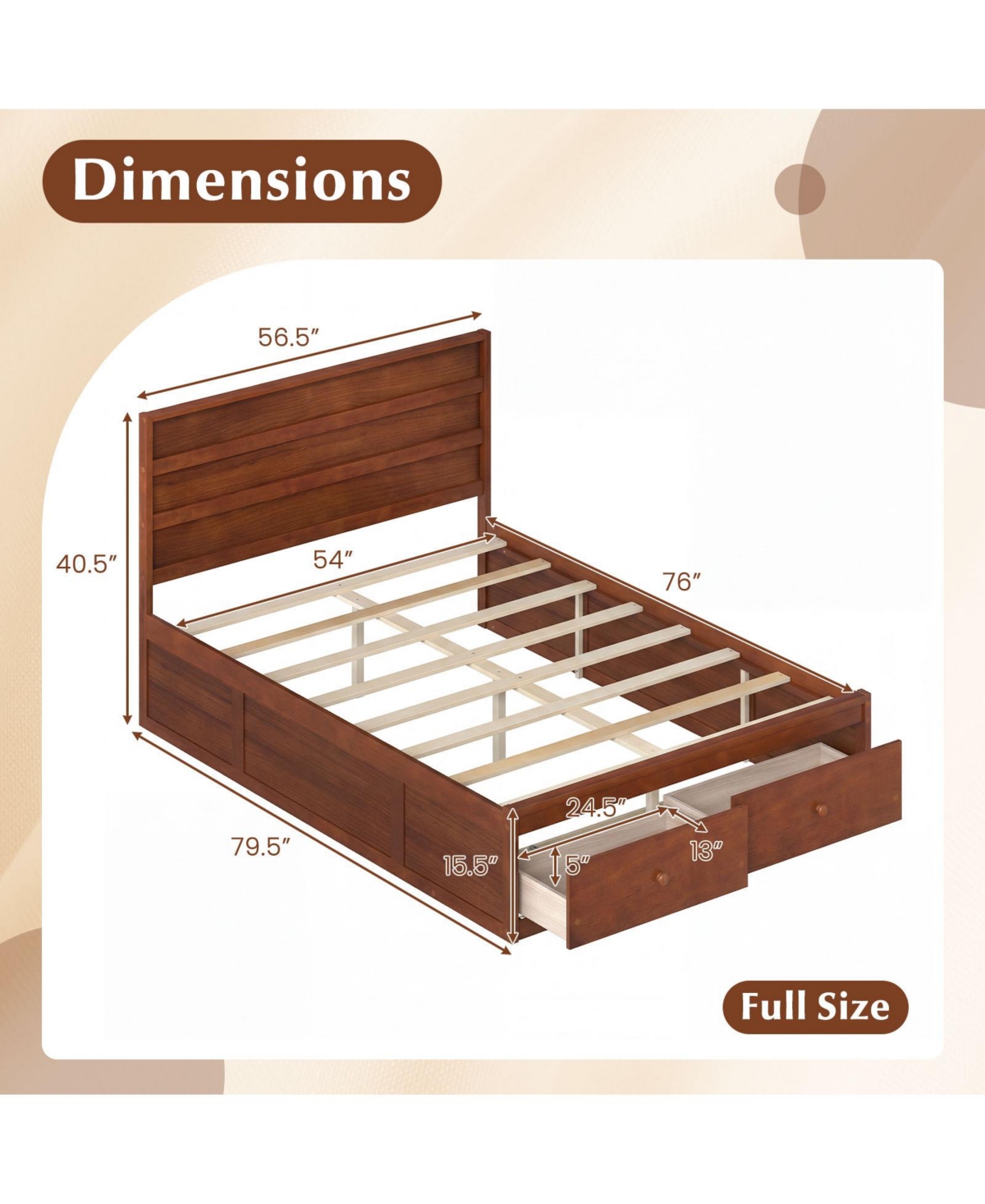 Gymax Full Bed Frame w/Storage Drawers Headboard Wooden Slat Support