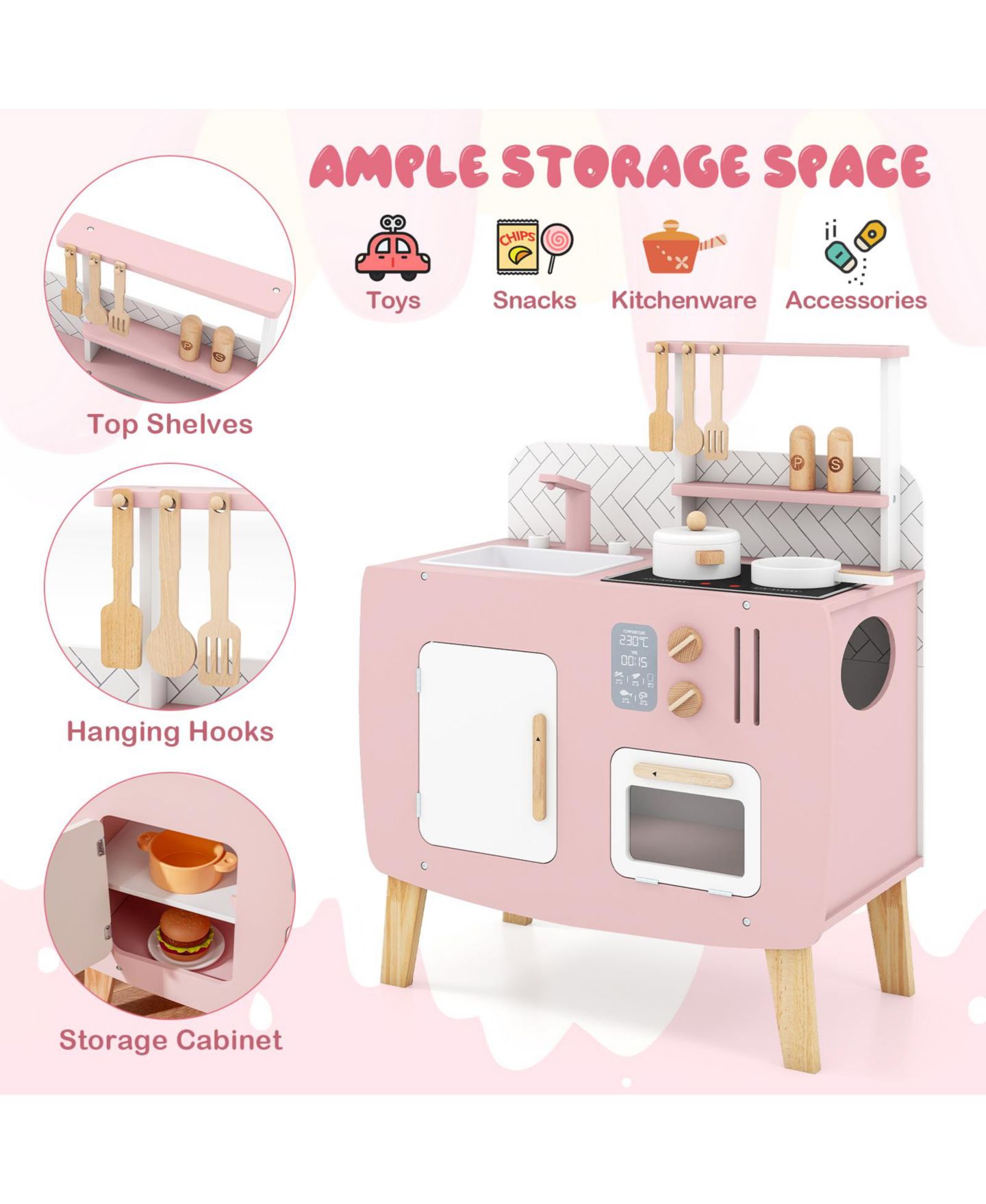 Детский игровой набор Slickblue Wooden Kitchen Playset, от 3 лет, цвет: Розовый / Белый — фото 7