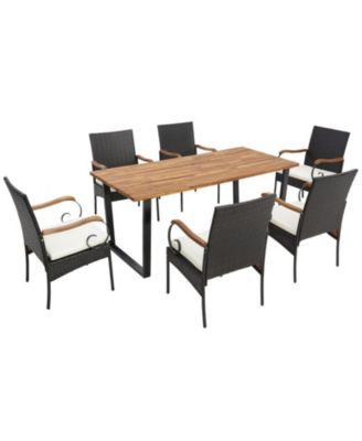 7-Piece Patio Rattan Dining Set with 69 in Acacia Wood Table and 6 Cushioned Chairs