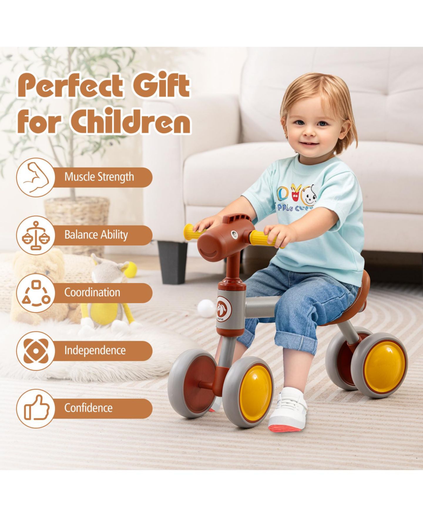 Детская игрушка Slickblue Baby No-Pedal 4-Wheel Balance Bike, Ages 18-36 Months, цвет: Коричневый — фото 6