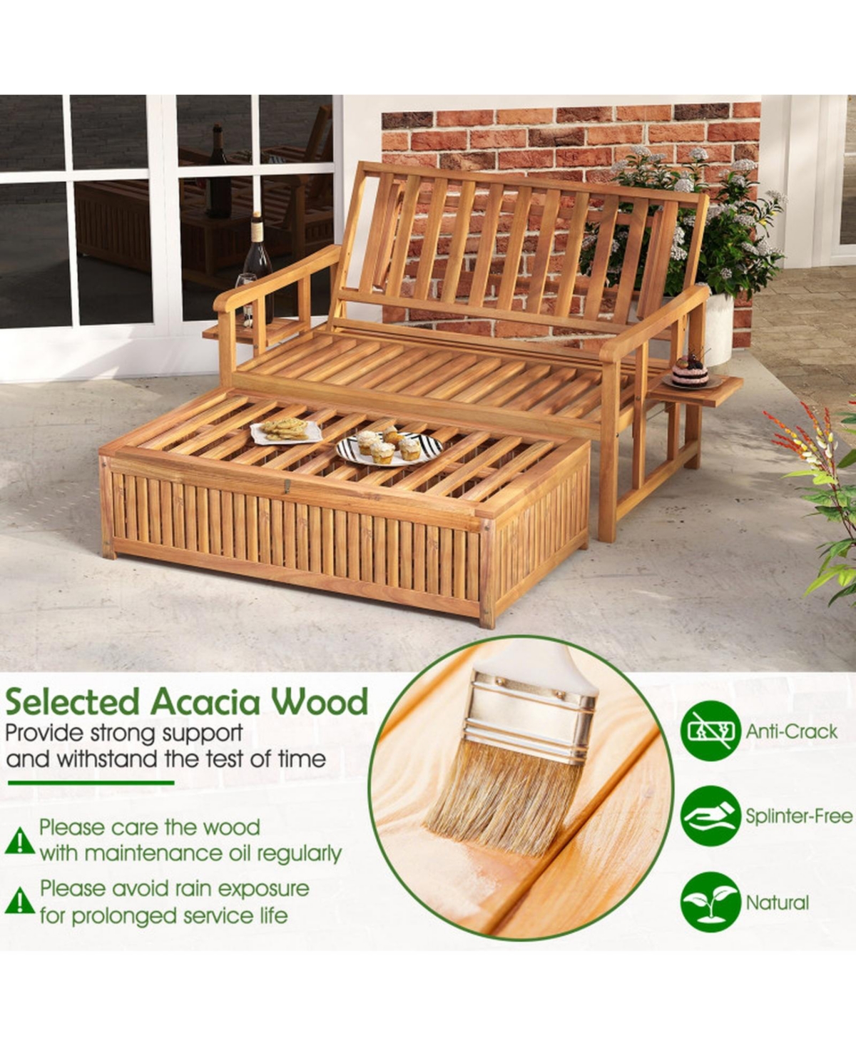 Gouun Acacia Wood Outdoor Daybed with Storage Ottoman and Removable Cushions