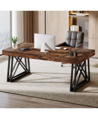 Executive Desk with X-Shaped Legs, 63'' Farmhouse Office Computer Desk, Large Writing Table
