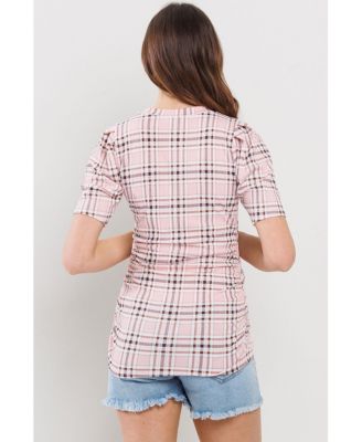 Maternity Plaid Ruched Puff Sleeve Fitted Top