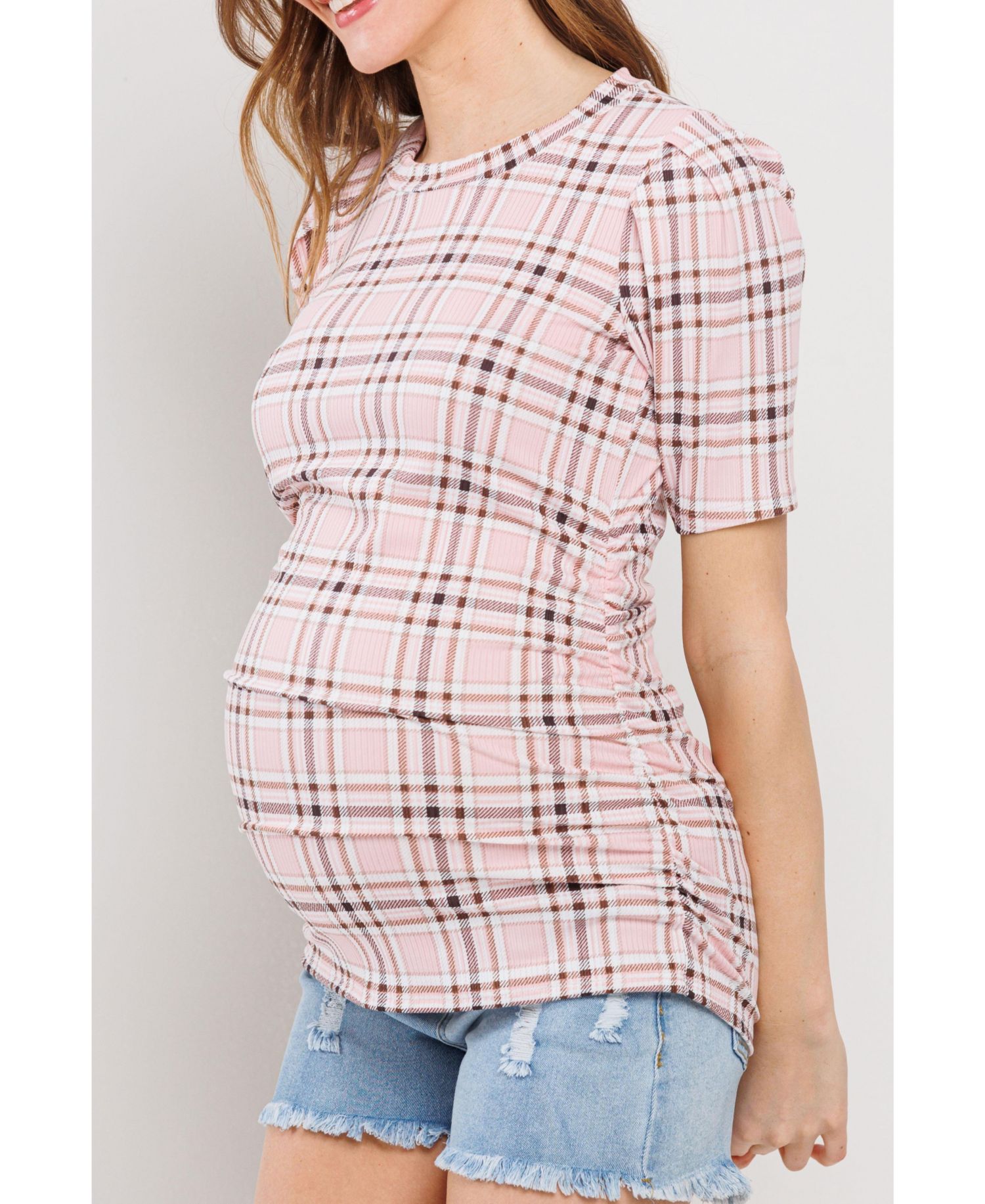 Maternity Plaid Ruched Puff Sleeve Fitted Top