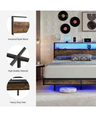 Bed Frame With Led Lights, Industrial Platform Bed With Charging Station
