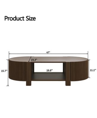 Oval Coffee Table with Storage, Fluted Center Table with Shelves and 2 Open Doors, 47" Mid Century Modern Coffee Table for Living Room
