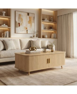 Modern Mid-Century Coffee Table with Storage - 4 Open Shelves and 2 Tambour Doors for Living Room, Home Theater