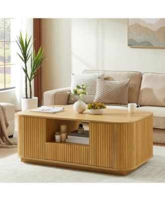 46.5" Fluted Wooden Oval Coffee Table - Center Table with Drawers, Hidden Storage Cabinets and Open Shelf for Living Room
