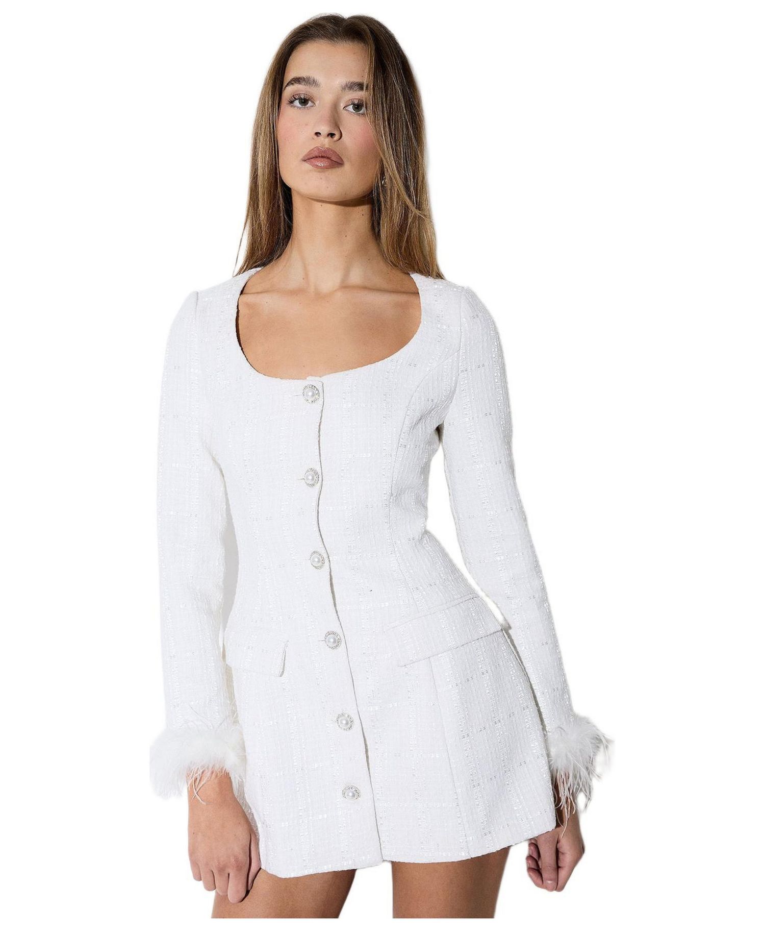 Women's Boucle feather Trim Mini Dress