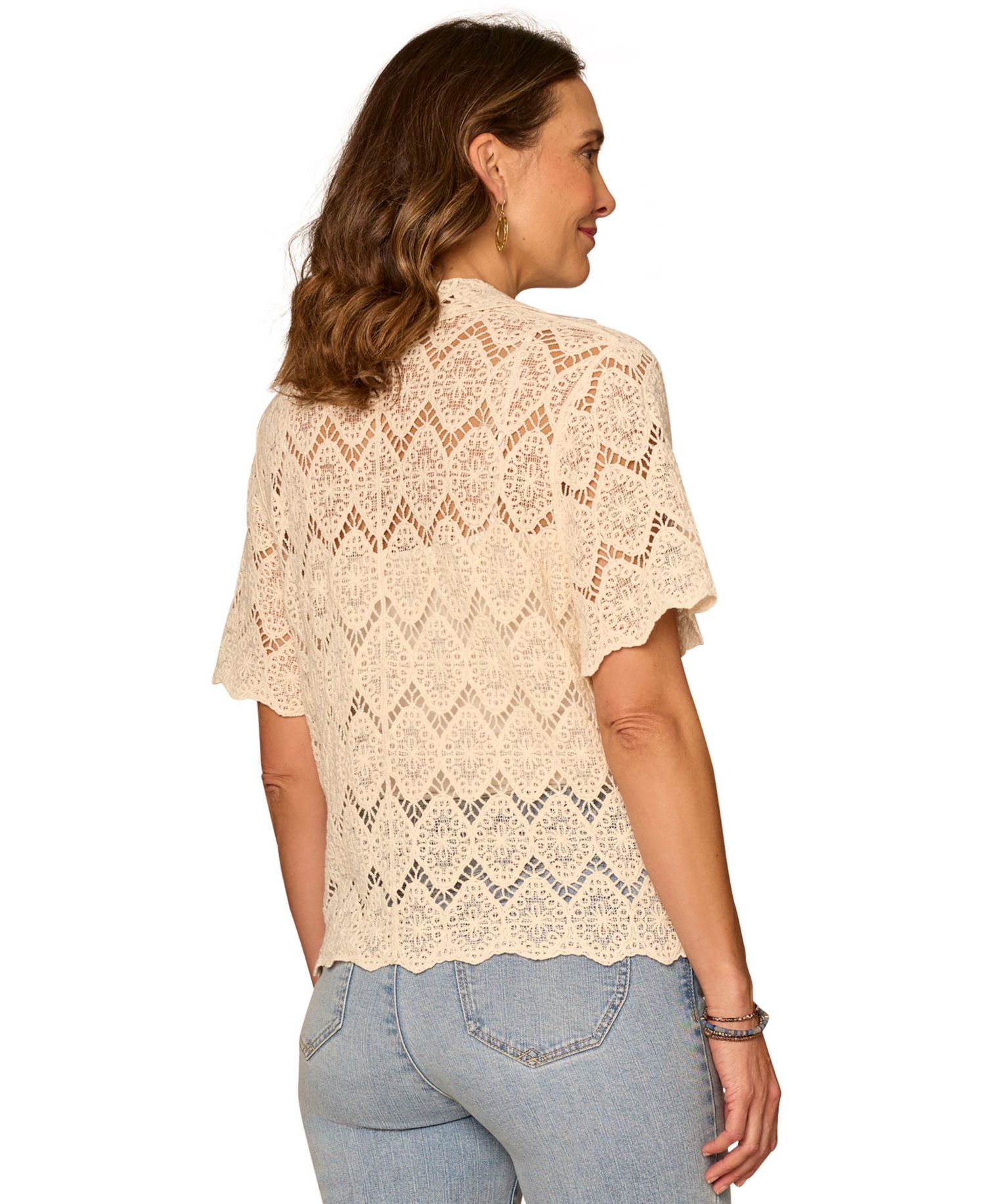 Petite Collared Short-Sleeve Crochet Top
