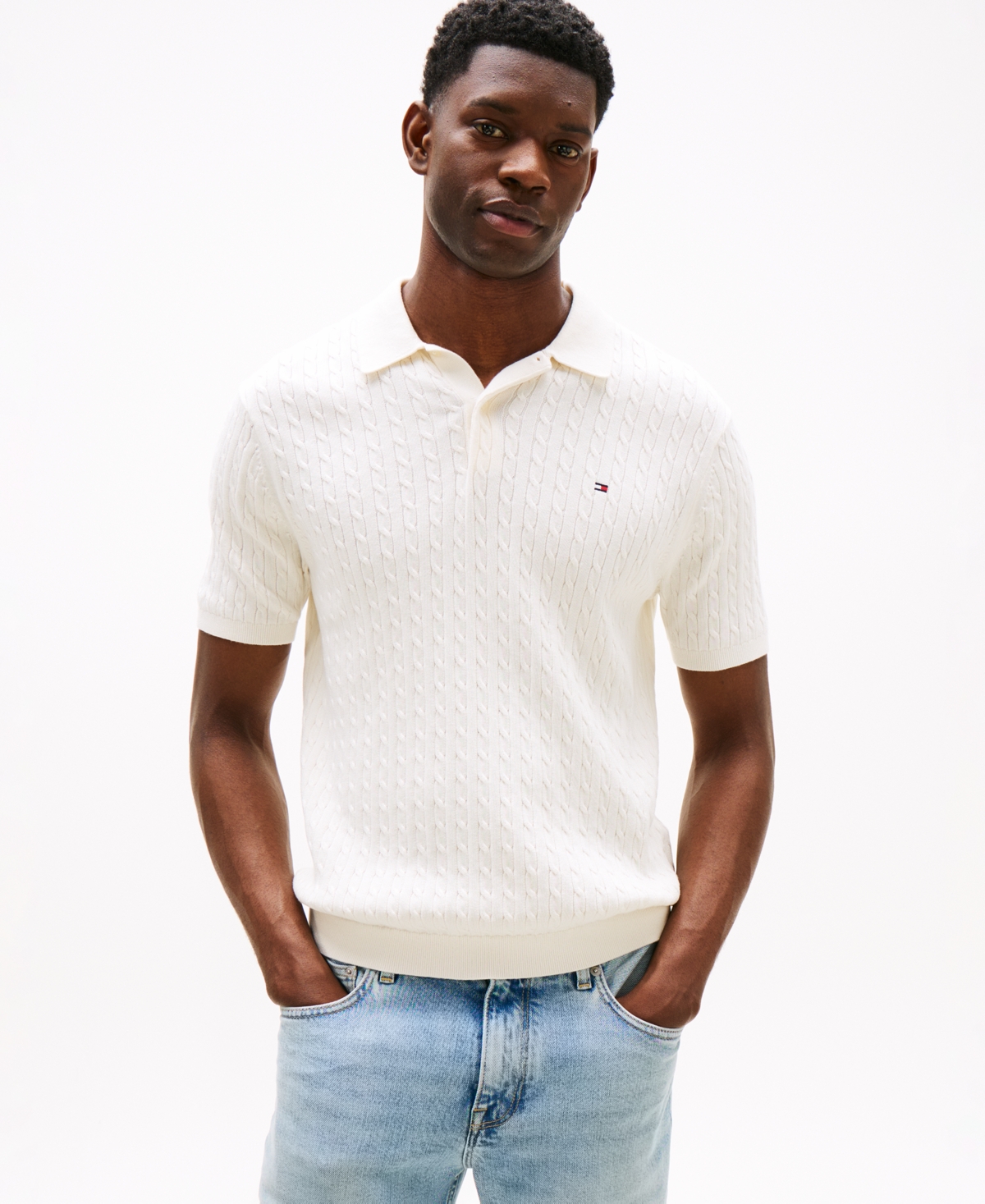 Tommy Hilfiger Men's Cable Knitted Short-Sleeve Polo Shirt - Ivory Petal