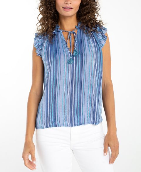 Женская блузка Liverpool Los Angeles Petite V-Neck Blouse, цвет: Шамбре / Бирюзовый разноцветный полосатый