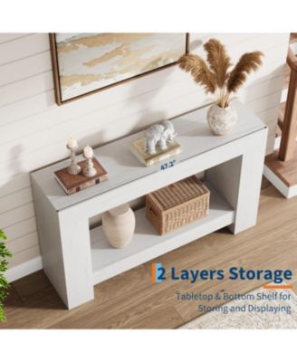 Farmhouse 2 Tier Entryway Console Table, Long White Sofa Table with Open Storage for Entrance or Living Room