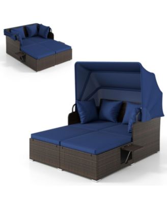 Outdoor Rattan Daybed with Retractable Canopy and Side Tables