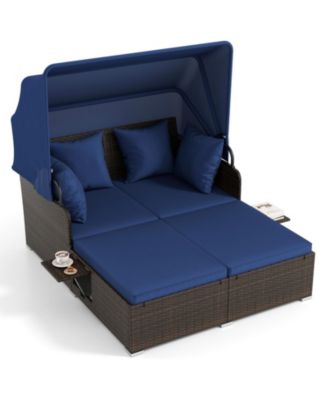 Outdoor Rattan Daybed with Retractable Canopy and Side Tables