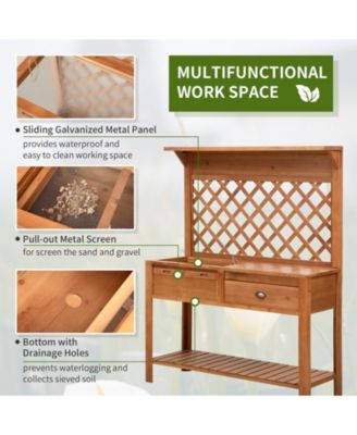 Garden Potting Bench Table Outdoor Wooden Workstation w/ Metal Screen