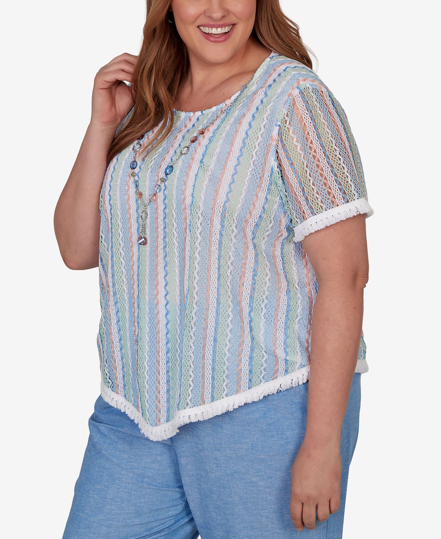 Plus Size Caribbean Blues Textured Stripe T-Shirt with Necklace