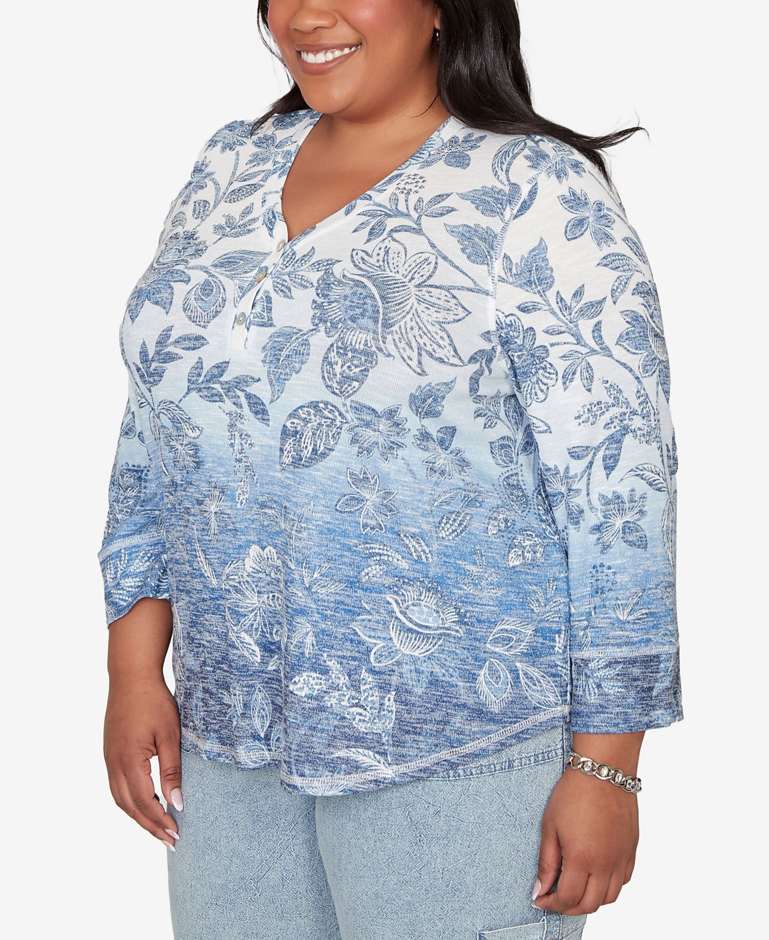 Plus Size Out of the Blue Ombre Batik Floral Henley Top